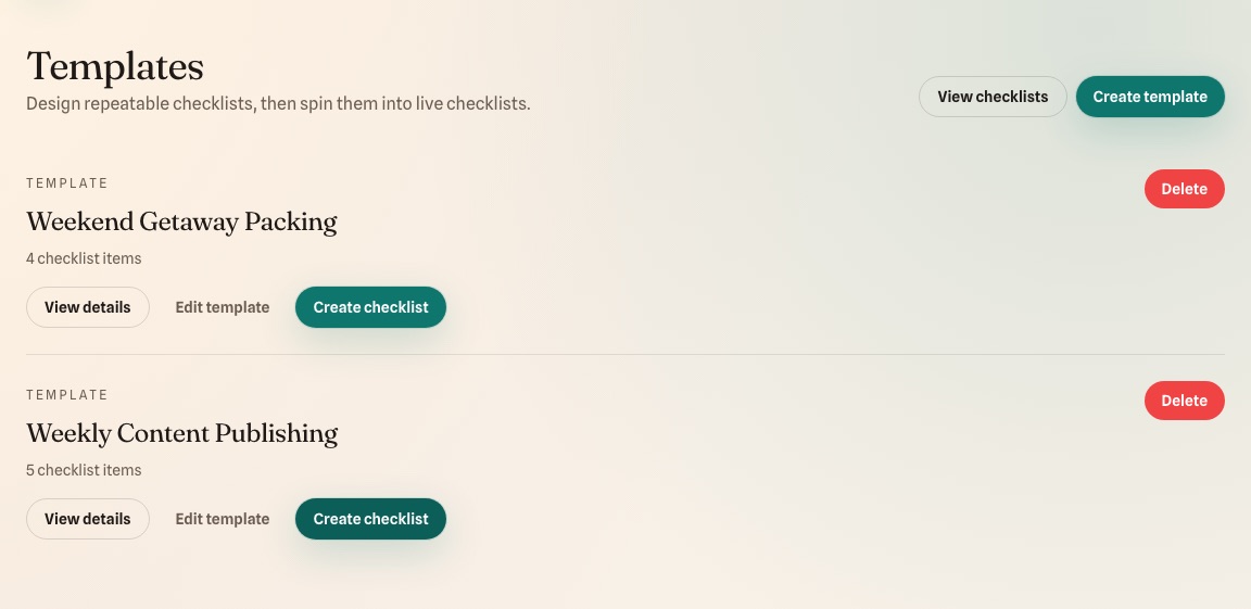 Checklister — Create and execute repeatable checklists